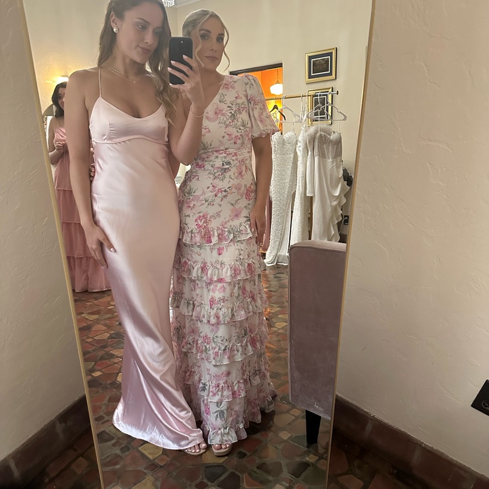 Silky pink maxi dress perfect for wedding guest or bridesmaid